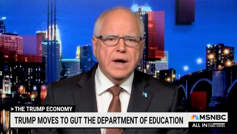 Minnesota Gov. Tim Walz, the Democratic nominee for vice president last year, talks about Trump and his trade wars, on MSNBC’s All In on Wednesday.
