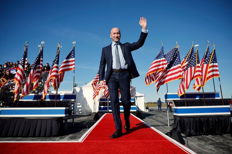 Stephen Miller arrives for a campaign rally for Donald Trump at Lancaster Airport on Nov. 3, 2024.