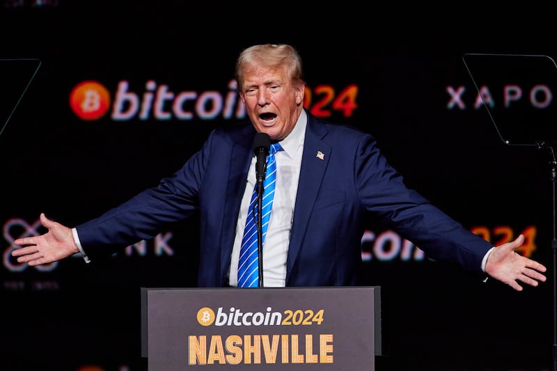 President-elect Donald Trump gestures on stage at the 2024 Bitcoin Conference in Nashville, TN.