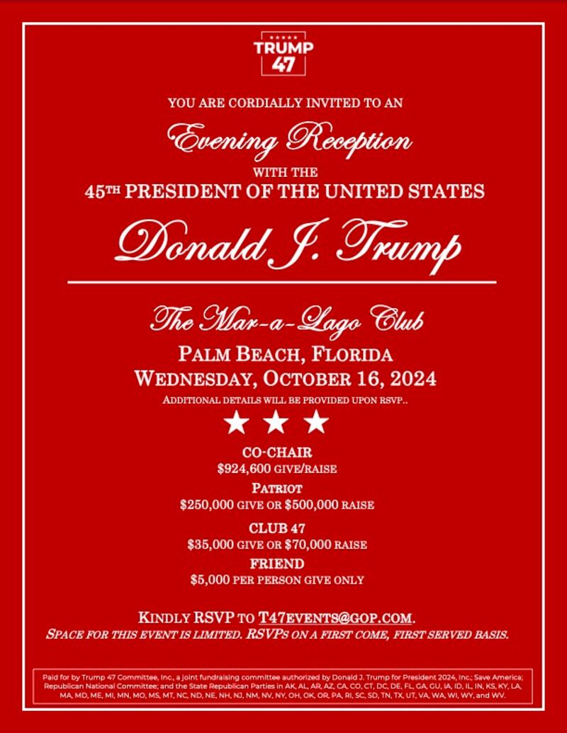 You are cordially invited to an evening reception with the 45th president of the United States