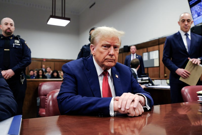 Former U.S. President Donald Trump appears in court for his trial for allegedly covering up hush money payments at Manhattan Criminal Court on April 23, 2024 in New York City.