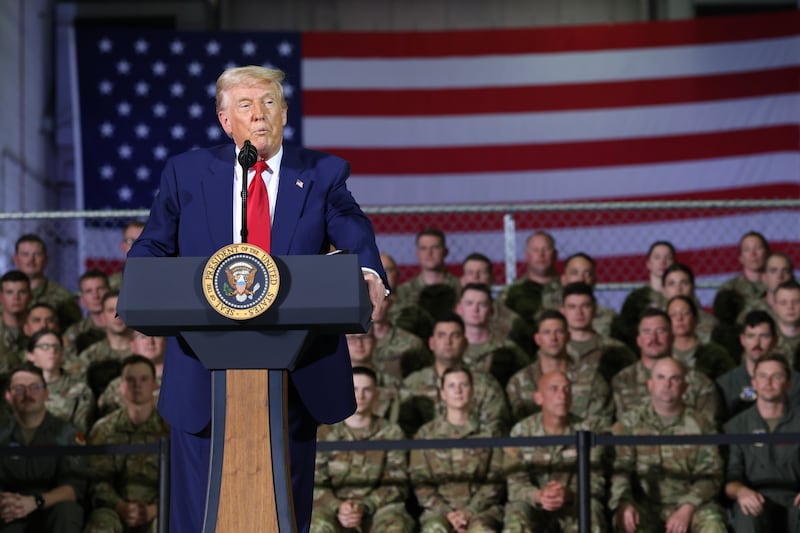 President Donald Trump speaks during a visit with Michigan Air National Guard troops on April 29, 2025 at Selfridge Air National Guard Base, Michigan.