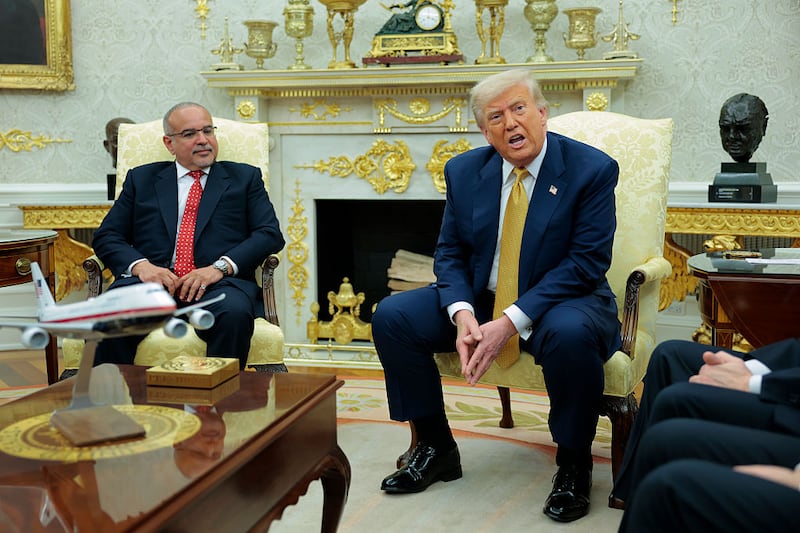 WASHINGTON, DC - JULY 16: Crown Prince of Bahrain Salman bin Hamad Al Khalifa (L) listens as U.S. President Donald Trump speaks to reporters during a meeting in the Oval Office of the White House on July 16, 2025, in Washington, D.C. Trump is scheduled to hold a bilateral meeting and working lunch with the Crown Prince during the visit. (Photo by Anna Moneymaker/Getty Images)