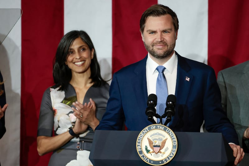 US Vice President JD Vance joined by his wife Usha Vance, speaks at Vantage Plastics in Bay City, Michigan, March 14, 2025.