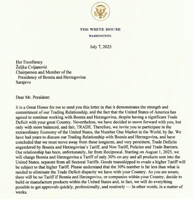 President Trump misgenders the president of Bosnia and Herzegovina in an official letter posted on his Truth Social account.