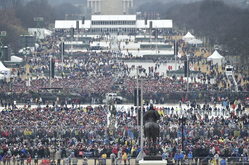 A crowd view similar to what President Donald Trump would have seen on his inauguration day in 2017. The event was attended by hundreds of thousands, but credible estimates say attendance did not surpass 1 million, as Trump claims.