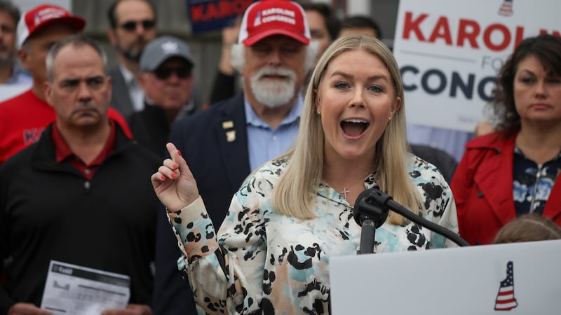 Londonderry, NH: Karoline Leavitt, a Republican candidate for the U.S. House, speaks at a press conference held at Esteys Country Store, Oct.18, 2022. (Cheryl Senter for The Washington Post via Getty Images)