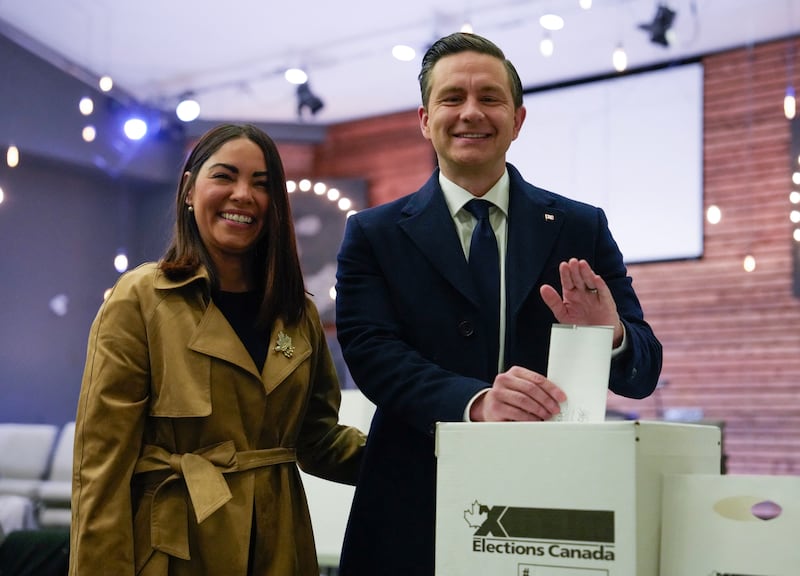 Conservative Leader Pierre Poilievre and his wife Anaida Poilievre cast their votes in the federal election in Ottawa, Ontario Canada, on April 28, 2025.