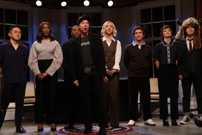 SATURDAY NIGHT LIVE -- Episode 1870 -- Pictured: (l-r) Bowen Yang, Ego Nwodim, Kenan Thompson, Dana Carvey as Elon Musk, Heidi Gardner, Marcello Hernández, Sarah Sherman, and Colin Jost during the "SNL For Trump" Cold Open on Saturday, November 9, 2024 --