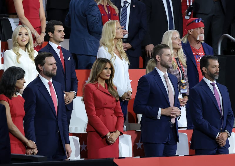 Donald Trump Jr., Eric Trump, former first lady Melania Trump , Republican vice presidential candidate, U.S. Sen. J.D. Vance (R-OH) and Usha Chilukuri Vance look on during the fourth day of the Republican National Convention at the Fiserv Forum.