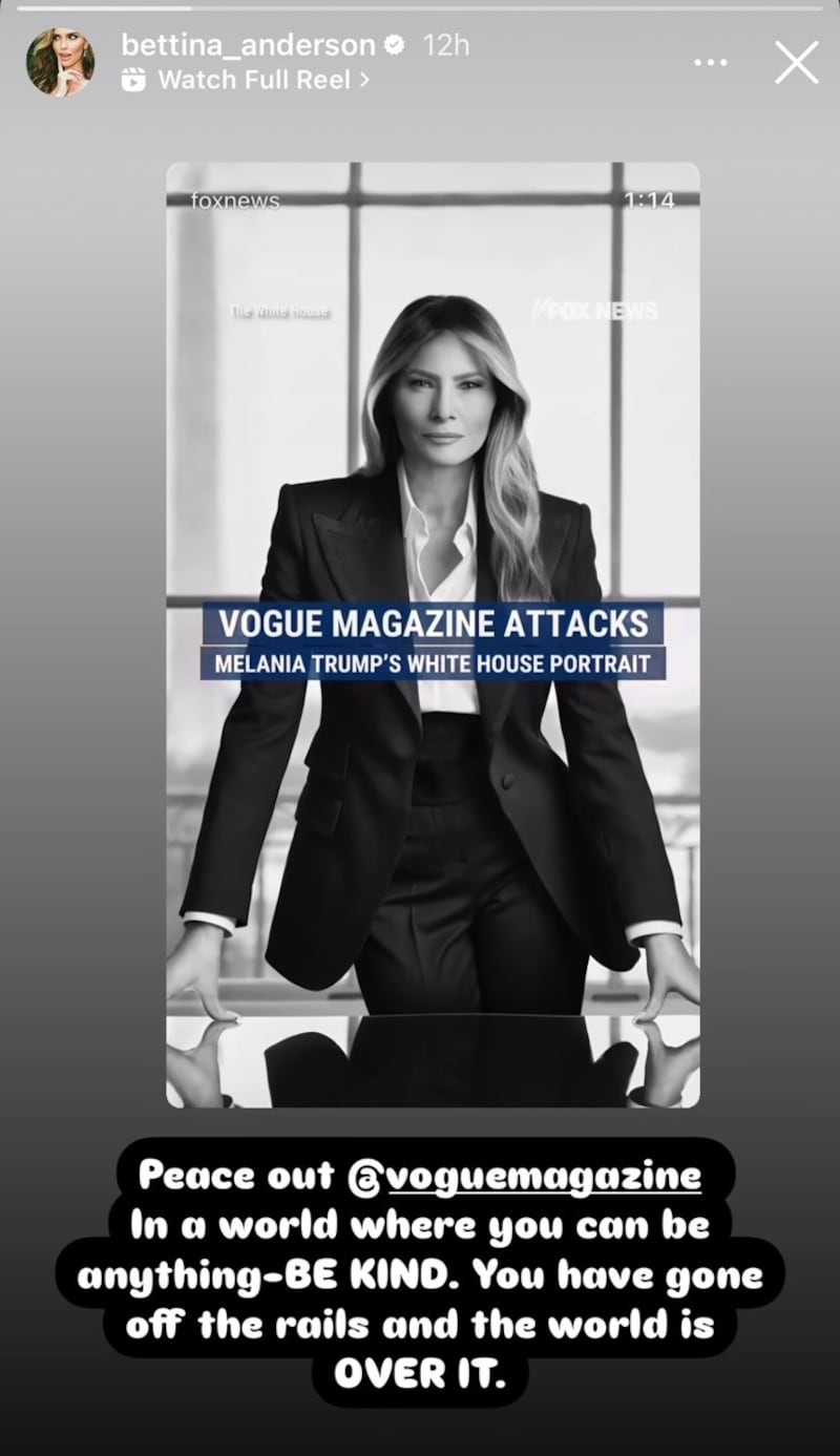Bettina Anderson voiced her disapproval on Instagram.