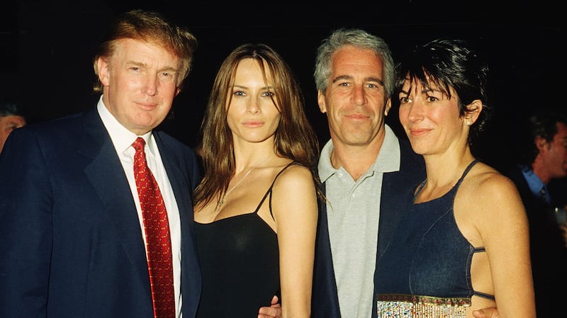 Donald Trump with his then-girlfriend (and now wife), Melania Knauss, Jeffrey Epstein, and Ghislaine Maxwell.