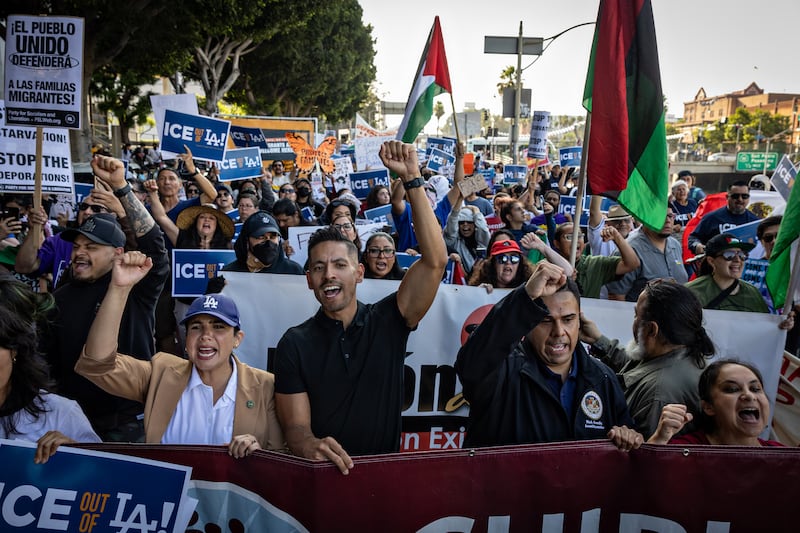 Demonstrators protest in response to ICE raids in Los Angeles on June 6, 2025.