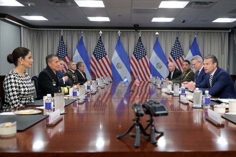 ARLINGTON, VIRGINIA - APRIL 16: U.S. Secretary of Defense Pete Hegseth (R) speaks during a meeting with El Salvador Minister of National Defense René Merino Monroy (L) at the Pentagon on April 16, 2025 in Arlington, Virginia. The meeting comes following the illegal deportation by the Trump administration of Kilmar Armando Abrego Garcia, a Maryland man who has been held in prison in El Salvador since March 15. (Photo by Kayla Bartkowski/Getty Images)