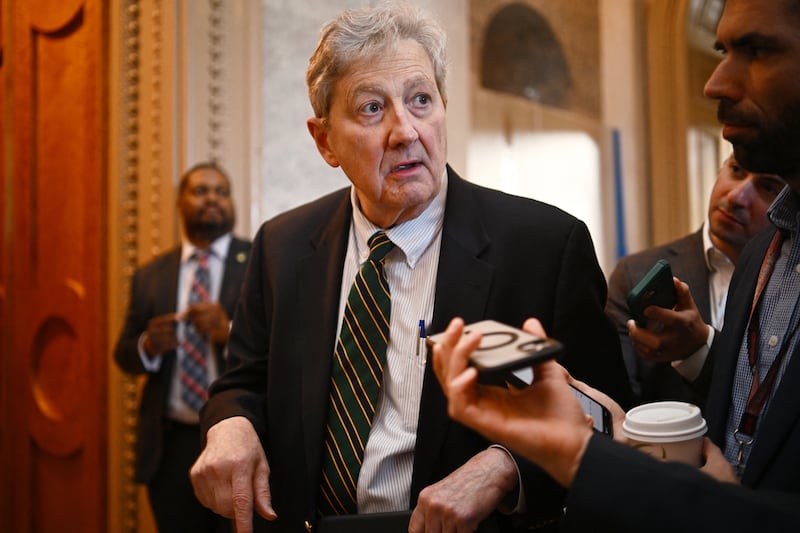US Senator John Kennedy, Republican of Louisiana, speaks to reporters outside the Senate Chamber ahead of a vote on a foreign aid package at the US Capitol in Washington, DC, on April 23, 2024. The US Senate is due to vote on the final foreign aid package of $95 billion in total military assistance to US allies, including money for Israel and Taiwan alongside the $61 billion earmarked for Ukraine -- is expected to land on President Joe Biden's desk for his approval by the end of the week. (Photo by Mandel NGAN / AFP) (Photo by MANDEL NGAN/AFP via Getty Images)