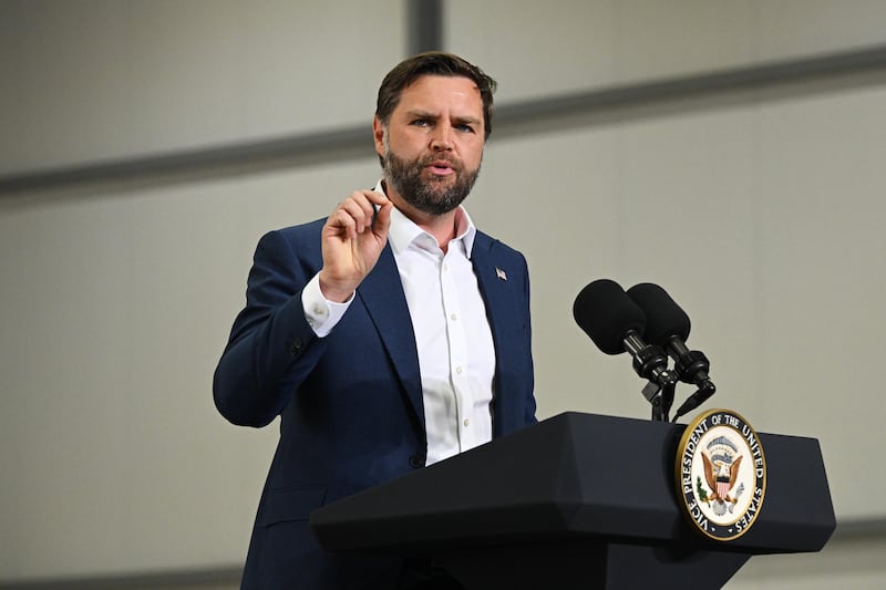 FAIRFORD, ENGLAND - AUGUST 13: U.S. Vice President JD Vance addresses U.S. troops and families during a visit to RAF Fairford on August 13, 2025 in Fairford, England. U.S. Vice President JD Vance is making the visit to American troops from the United States Air Force's 501st Combat Support Wing and the 99th Expeditionary Reconnaissance Squadron based at RAF Fairford. The visit comes as Vance and his family are spending part of their summer vacation in nearby Chipping Norton in the Cotswolds. (Photo by Leon Neal/Getty Images)