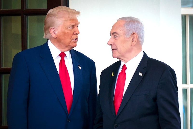 President Donald Trump greets Israeli Prime Minister Benjamin Netanyahu as he arrives at the White House on April 07, 2025 in Washington, D.C.