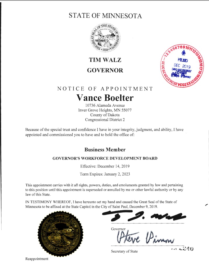 State of Minnesota Notice of Appointment to Vance Boelter.