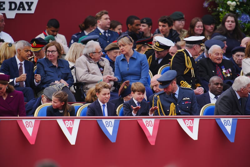 Catherine, Princess of Wales, Princess Charlotte, Prince George, Prince Louis, Prince William, Prince of Wales, ahead of the military procession for the 80th anniversary of VE Day.