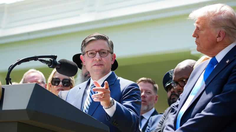 WASHINGTON, DC - MAY 01: U.S. Speaker of the House Mike Johnson (R-LA) speaks alongside President Donald Trump during a National Day of Prayer event in the Rose Garden at the White House on May 1, 2025 in Washington, DC. The National Day of Prayer is a congressionally recognized observance that calls on people of all faiths to participate in a day of prayer and reflection. (Photo by Andrew Harnik/Getty Images)