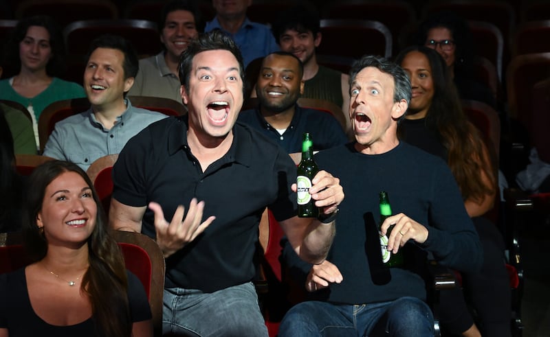 Seth Meyers and jimmy Fallon on The Late Show with Stephen Colbert