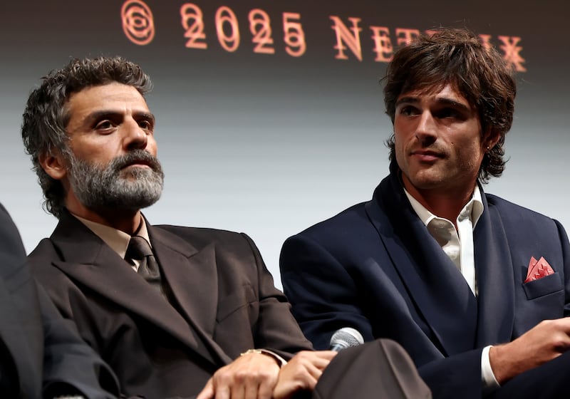Oscar Isaac and Jacob Elordi speak onstage during Netflix's "Frankenstein" North American premiere on September 08, 2025 in Toronto, Ontario.