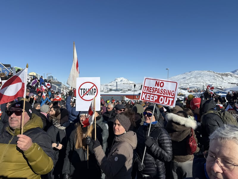 NUUK, GREENLAND - MARCH 15: Around 1,000 Greenlanders gather in the city center and march to the US consulate building located on the outskirts of the city to protesting US President Donald Trump's recent remarks on the sovereignty of their country, in Nuuk, Greenland on March 15, 2025. (Photo by Ahmet Gurhan Kartal/Anadolu via Getty Images)