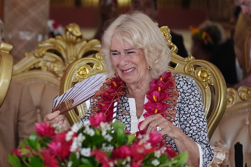 APIA, SAMOA - OCTOBER 26: Queen Camilla is seen during a farewell ceremony, on the final day of the royal visit to Australia and Samoa at the Siumu Village on October 26, 2024 in Apia, Samoa. The King's visit to Australia is his first as monarch, and the Commonwealth Heads of Government Meeting (CHOGM) in Samoa will be his first as head of the Commonwealth.