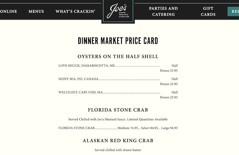 Joe's Seafood menu