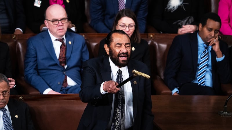 Rep. Al Green, D-Texas, heckles President Donald Trump as he delivered his address to a joint session of Congress in the House Chamber of the U.S. Capitol on Tuesday, March 4, 2025.