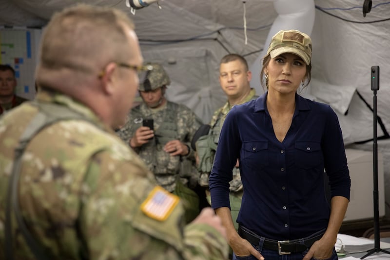 South Dakota Governor Kristi Noem visits the troops during the 2019 Golden Coyote Exercise at Rapid City, S.D., June 14, 2019. The Golden Coyote Training Exercise is a three-phase, scenario-driven exercise conducted in South Dakota and Wyoming, which enables commanders to focus on mission essential task requirements, warrior tasks and battle drills. (U.S. Army Reserve photo by Spc. Jamaal Turner)