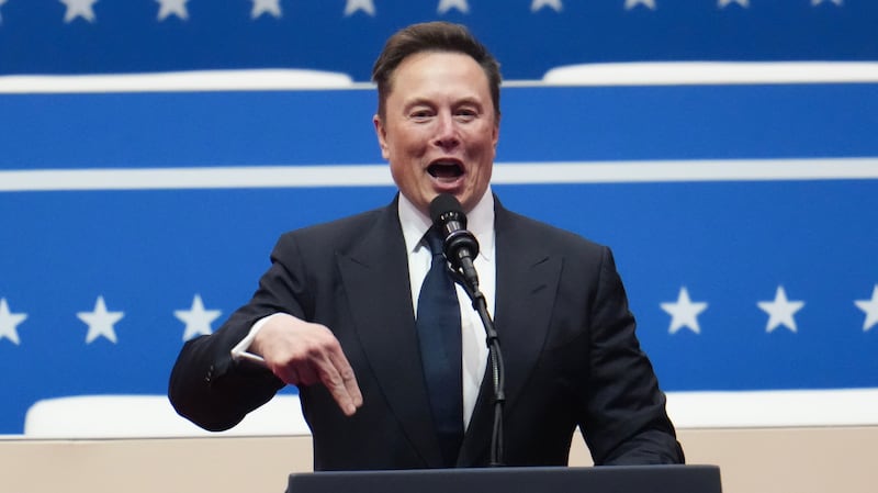 WASHINGTON, DC - JANUARY 20: Tesla, SpaceX and X CEO Elon Musk speaks during an inauguration event at Capital One Arena on January 20, 2025 in Washington, DC. Donald Trump takes office for his second term as the 47th president of the United States. (Photo by Christopher Furlong/Getty Images)