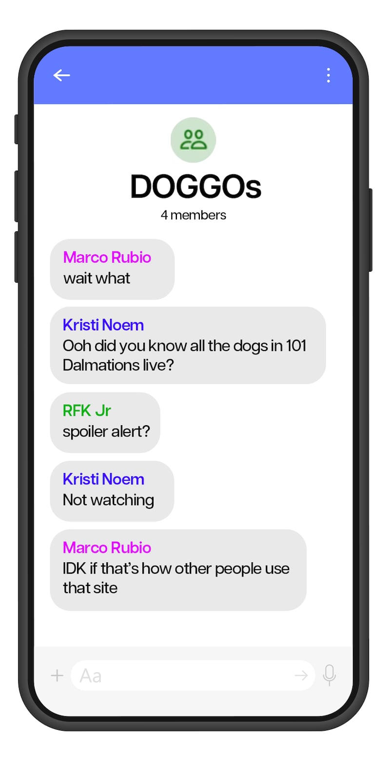 Parody recreated Signal text messages between Trump's cabinet and administration.