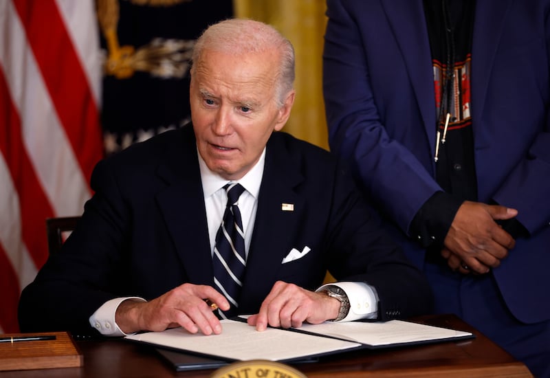 WASHINGTON, DC - JANUARY 14: U.S. President Joe Biden signs proclamations creating the Chuckwalla National Monument and the Sáttítla Highlands National Monument in the East Room at the White House an on January 14, 2025 in Washington, DC. The designations will protect more than 848,000 acres of land in California, adding to Biden's legacy of setting aside more than 674 million acres of federal land. (Photo by Kevin Dietsch/Getty Images)
