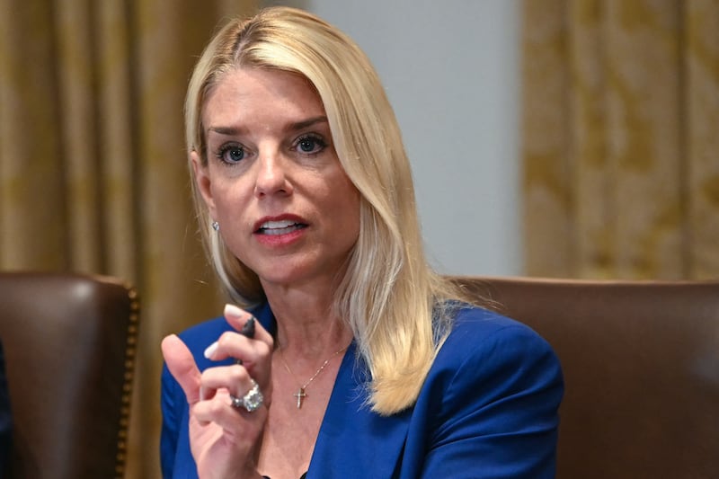 Attorney General Pam Bondi speaks during a cabinet meeting hosted by President Donald Trump at the White House on July 8, 2025 as she faces fire over the Epstein files.