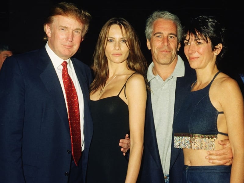 From left, American real estate developer Donald Trump and his girlfriend (and future wife), former model Melania Knauss, financier (and future convicted sex offender) Jeffrey Epstein, and British socialite Ghislaine Maxwell pose together at the Mar-a-Lago club, Palm Beach, Florida, February 12, 2000. (Photo by Davidoff Studios/Getty Images)