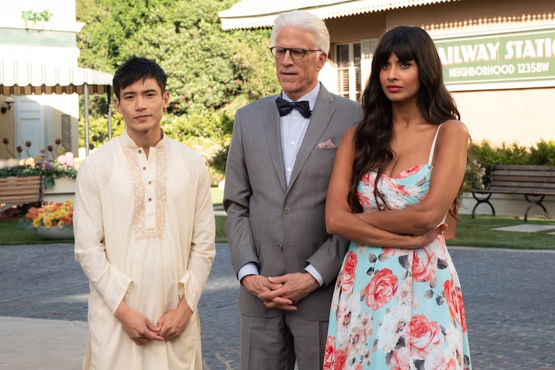THE GOOD PLACE -- "A Girl From Arizona" Episode 401/402 -- Pictured: (l-r) Manny Jacinto as Jason, Ted Danson as Michael, Jameela Jamil as Tahani-- (Photo by: Colleen Hayes/NBCU Photo Bank/NBCUniversal via Getty Images via Getty Images)