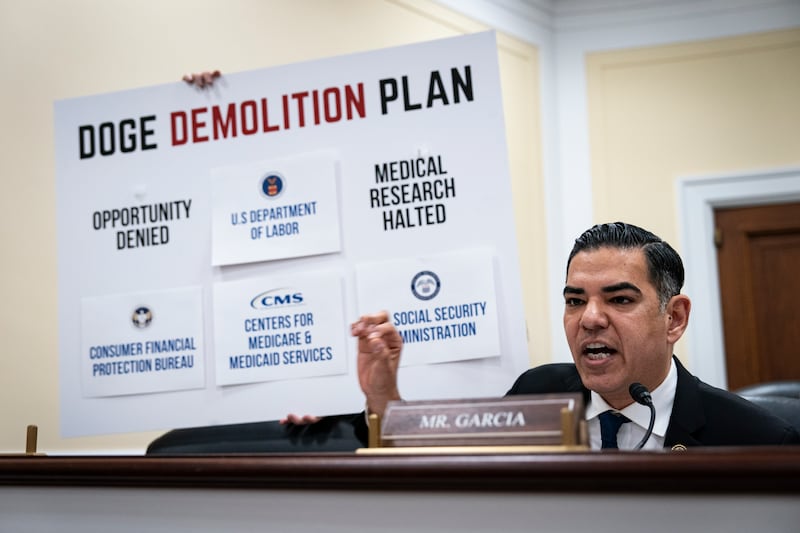 Rep. Robert Garcia (D-CA) speaks during the House Oversight and Government Reform Subcommittee on Delivering on Government Efficiency in the Rayburn House Office Building on February 12, 2025