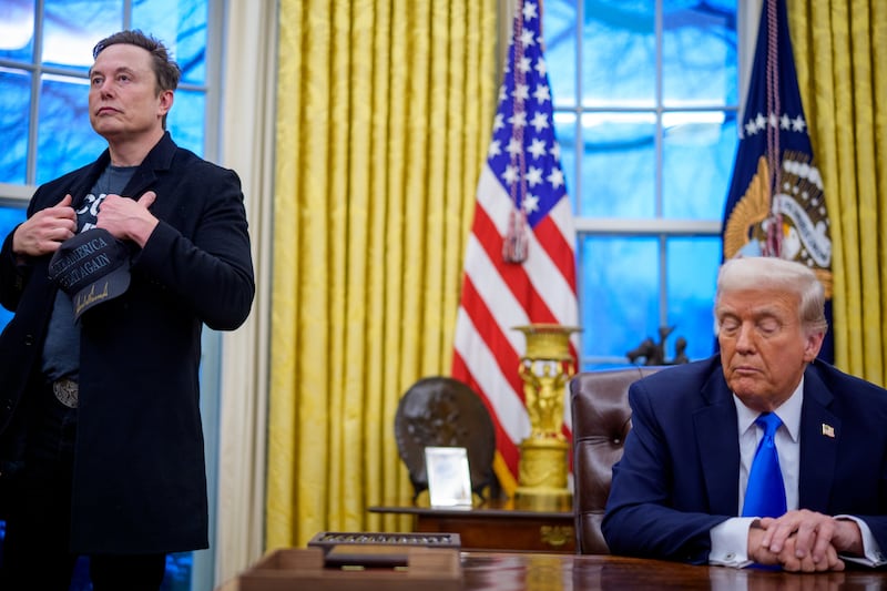 Tesla and SpaceX CEO Elon Musk and U.S. President Donald Trump appear during an executive order signing in the Oval Office at the White House on February 11, 2025 in Washington, DC.