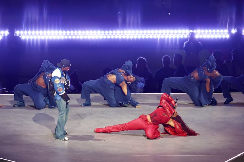 Kendrick Lamar and SZA perform onstage during Apple Music Super Bowl LIX Halftime Show