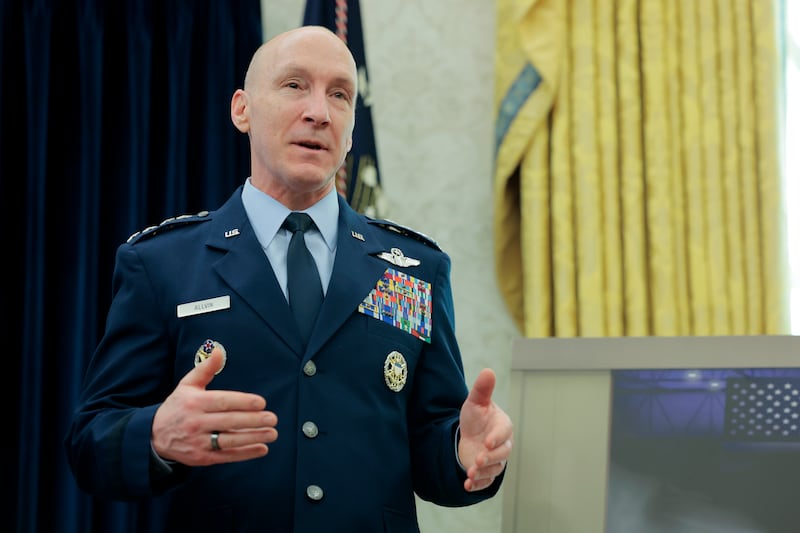 Gen. David Allvin, Chief of Staff of the Air Force, speaks in the Oval Office of the White House on March 21, 2025.