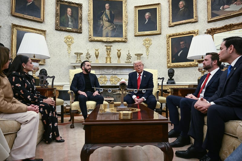 US President Donald Trump participates in a bilateral meeting with El Salvador's President Nayib Bukele in the Oval Office of the WHite House in Washington, DC, April 14, 2025.