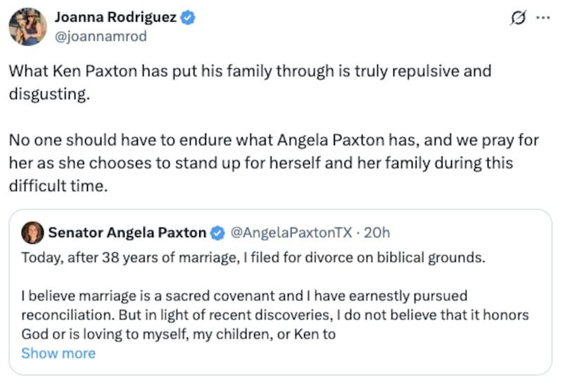 Joanna Rodriguez, the spokeswoman for the Senate GOP’s campaign committee, savaged Ken Paxton in public.
