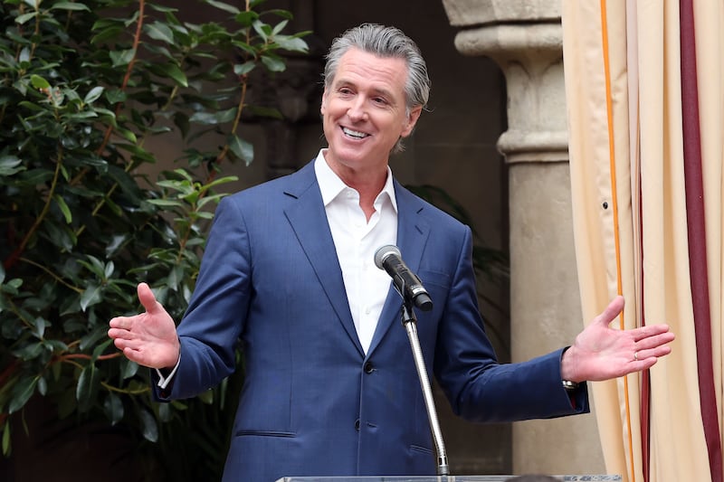 LOS ANGELES, CALIFORNIA - MARCH 26: Gavin Newsom speaks onstage during the Vogue World: Hollywood Press Announcement at Chateau Marmont on March 26, 2025 in Los Angeles, California. (Photo by Amy Sussman/Getty Images)