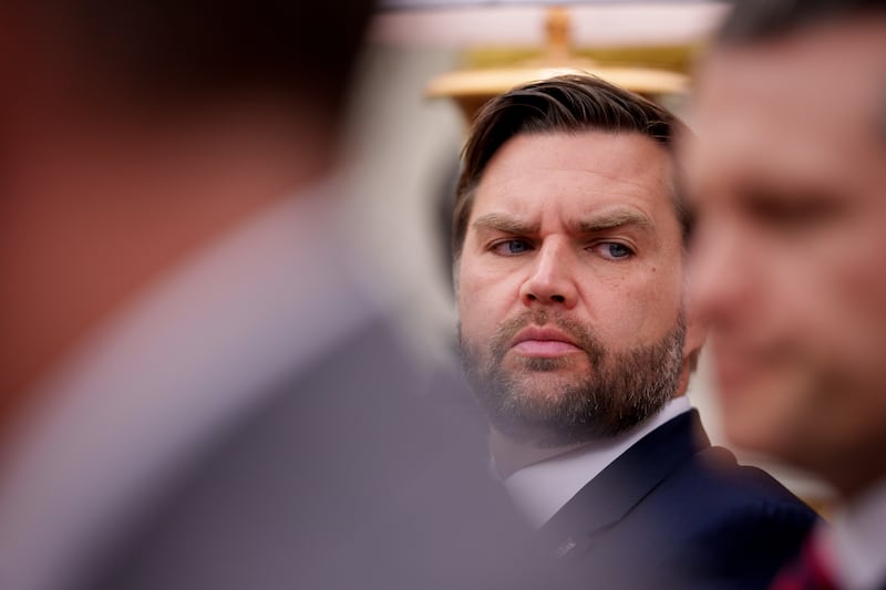 Vice President J.D. Vance attends a meeting with U.S. President Donald Trump and NATO Secretary General Mark Rutte in the Oval Office of the White House on March 13, 2025 in Washington, D.C.