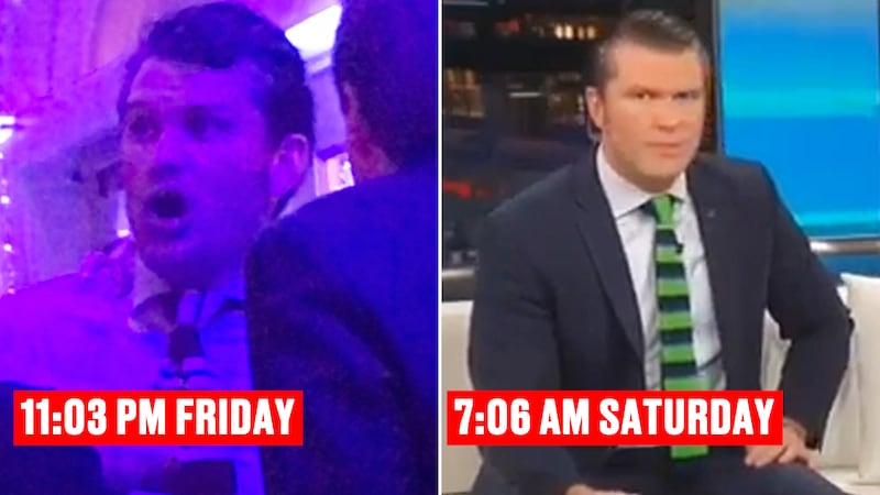 In December 2017 Pete Hegseth was photographed clearly drunk at a colleague’s wedding, and Pete Hegseth on FOX & Friends the following morning of Dec. 2, 2017.