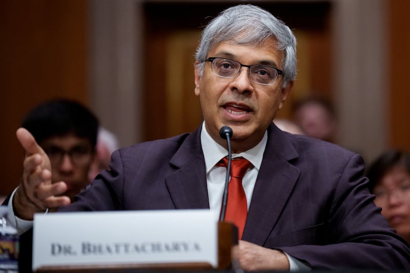 Jayanta Bhattacharya, Donald Trump's nominee to be Director of the National Institutes of Health, speaks at his Senate confirmation hearing in March 2025.