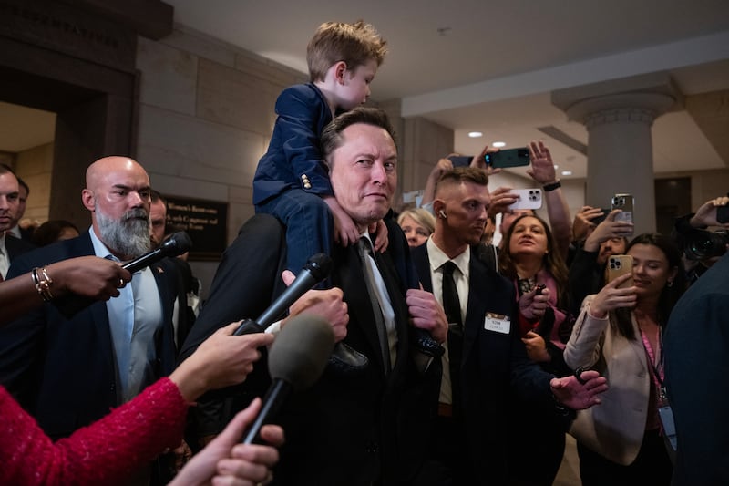 Elon Musk, with son X, is the billionaire behind DOGE.