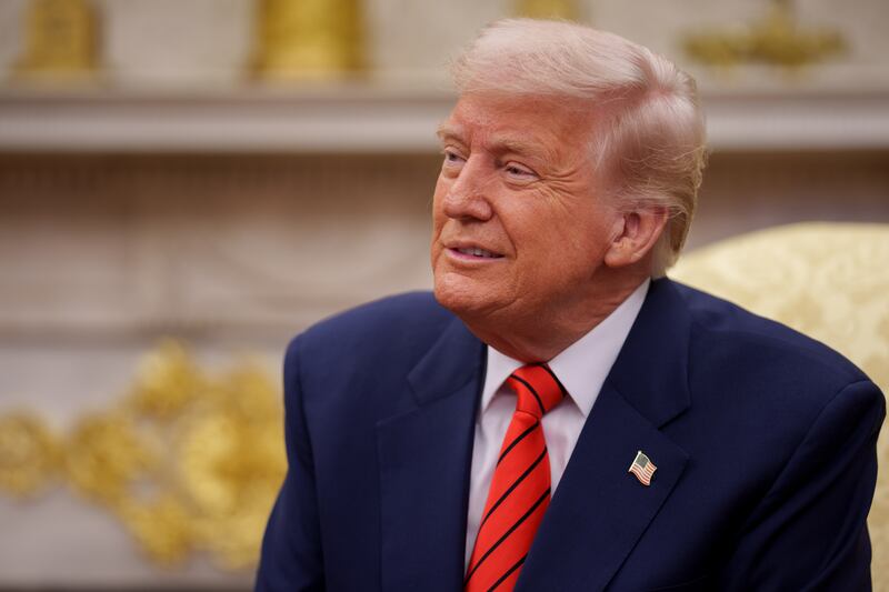 U.S. President Donald Trump appears during a meeting with NATO Secretary General Mark Rutte in the Oval Office of the White House on March 13, 2025 in Washington, DC.