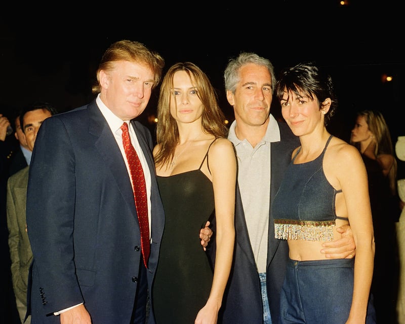 Donald Trump, former model Melania Knauss, Jeffrey Epstein, and British socialite Ghislaine Maxwell at the Mar-a-Lago club in Palm Beach, Florida.